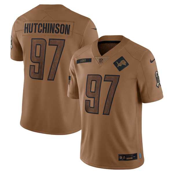 Men%27s Detroit Lions #97 Aidan Hutchinson 2023 Brown Salute To Service Limited Football Stitched Jersey Dyin
